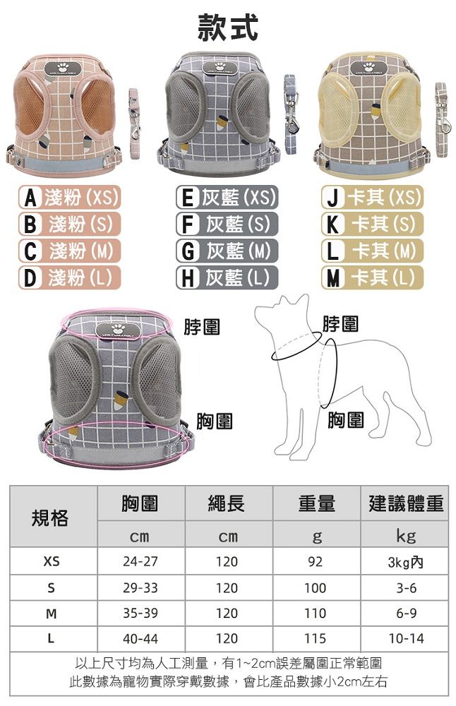 款式X (X) (S) (S) (S) 淺粉() 灰藍(M) (M) 淺粉(L) 灰藍(L)M 卡其 (L)脖圍脖圍胸圍胸圍胸圍繩長重量 建議體重規格gkgXS24-27120923kg內S29-331201003-6M35-391201106-9L40-4412011510-14以上尺寸均為人工測量,有1~2cm誤差屬圍正常範圍此數據為寵物實際穿戴數據,會比產品數據小2cm左右