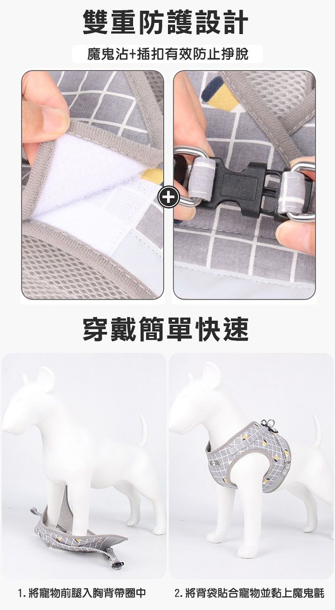 雙重防護設計魔鬼沾+插扣有效防止掙脫+穿戴簡單快速1. 將寵物前腿入胸背帶圈中2. 將背袋貼合寵物並黏上魔鬼氈