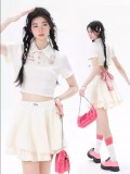 AONW夏季奶黃色套裝後背蝴蝶綁帶Polo衫短上衣甜辣蛋糕裙套裝