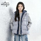 AONW秋冬新款真兩件式潮牌格紋疊穿馬甲連帽棉服外套女保暖棉衣