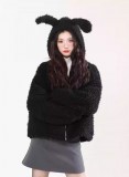 AONW冬季新款兔子耳朵連帽短版棉服女仿羊羔毛棉衣外套