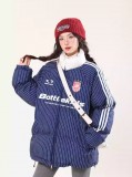 AONW冬季新款美式復古潮牌條紋字母棉衣女寬鬆街頭立領外套棉服