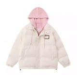 AONW秋冬新款拼接撞色假兩件寬鬆休閒連帽棉服女棉衣PU皮衣外套潮