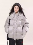 AONW冬季潮牌太空銀棉服女保暖防風連帽麵包服女街頭情侶棉衣外套