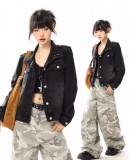 AONW美式复古牛仔外套女秋季新款宽松休闲百搭夹克上衣