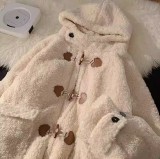 AONW冬季羊羔毛棉衣女日系牛角扣仿羊羔絨棉服寬鬆加厚連帽外套