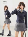 AONW美式复古学院风假两件拼接条纹polo领长袖甜辣修身短款上衣