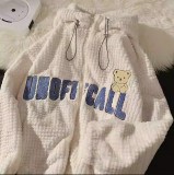 Dops大樸自製羊羔絨小熊刺繡棉衣外套女秋冬款日系慵懶風連帽開襟衫
