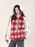 AONW美式复古毛呢格子棉服女冬季新款加绒棉衣宽松皮翻领红色外套