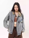AONW美式复古高街豹纹拼接牛仔夹克女情侣潮牌设计感外套上衣