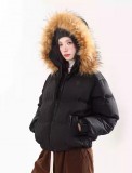 AONW冬季新款氛圍感韓系毛領連帽短版羽絨外套女寬鬆保暖奶藍色外套