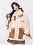 AONW秋冬新款白色仿羊羔毛保暖機車領拼皮棉衣棉服外套女長袖上衣