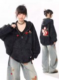 AONW秋冬新款苹果刺绣连帽卫衣女宽松趣味设计感亮片开衫外套