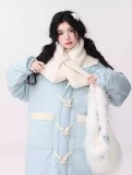 AONW冬季新款甜美風牛角扣中長棉服女仿小羊毛拼接連帽棉衣外套