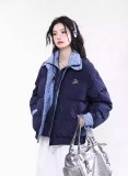 AONW冬季新款潮牌設計感雙層領格紋拼接棉服女寬鬆麵包服棉衣外套