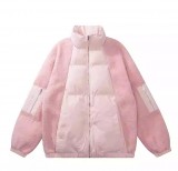 AONW秋冬新款美式立領拼接寬鬆加厚保暖仿羊羔毛外套女麵包服棉襖