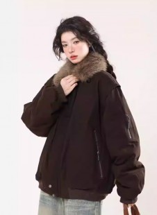 AONW復古巴恩風工裝毛領加厚保暖羽絨衣寬鬆棉服外套女冬季新款