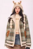 AONW國潮美式復古棕綠格紋毛呢外套夾棉拼接仿羊羔毛寬鬆翻領聖誕