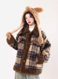 AONW美式復古藍棕毛絨拼接格紋棉服外套女冬季設計感加厚保暖棉衣