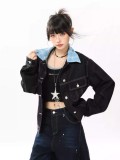 AONW美式复古格子拼接牛仔外套女秋季新款宽松设计感小众夹克上衣