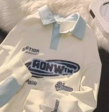 dops大樸自製美式復古polo領刺繡字母抽繩上衣女學院風寬鬆韓版