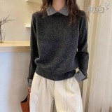 簡約風假兩件寬鬆拼接條紋翻領長袖針織衛衣大學T上衣女上衣 簡約風假兩件寬鬆拼接條紋翻領長袖針織衛衣大學T上衣女上衣